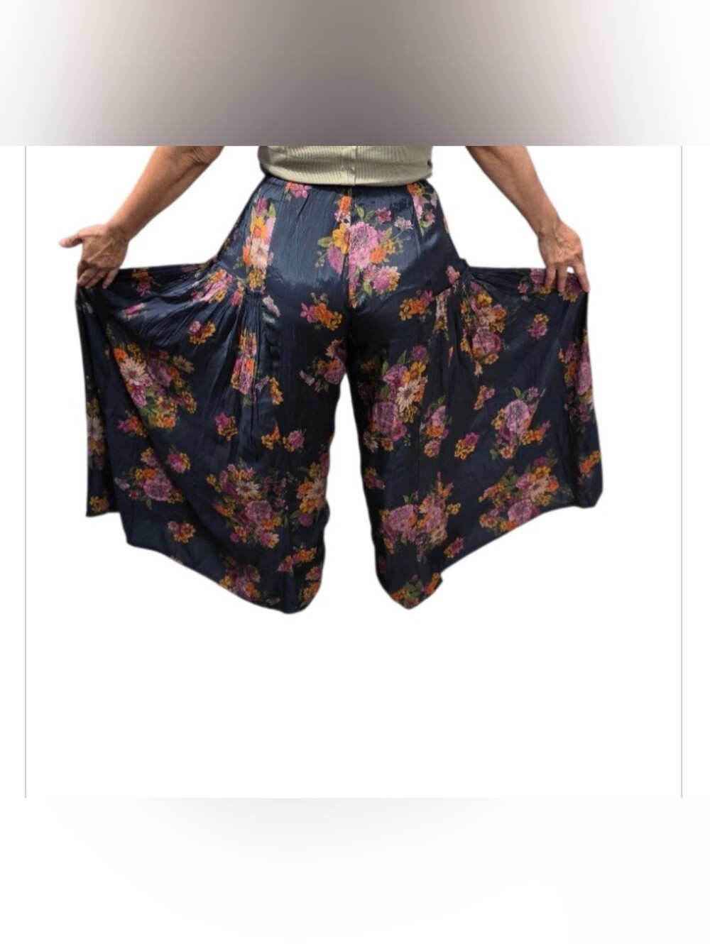 Floral Wide-Leg Maxi Pants - Navy with Pink Floral. Can Fit A S/M. Model Is 5'2 - Picture 16 of 16